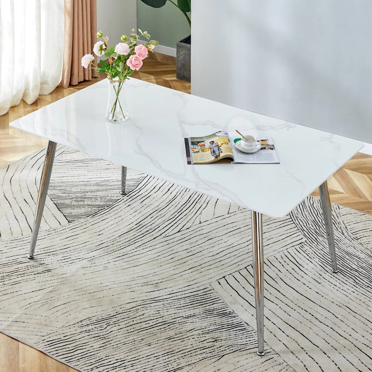 PWOPWOE Modern Minimalist Rectangular Glass Dining Table with 0.4 "White Imitation Marble Glass Sticker Desktop And Silver Metal Legs, suitable for Kitchens, Restaurants, And Living Rooms63"*35.4"*30"