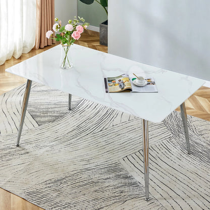 PWOPWOE Modern Minimalist Rectangular Glass Dining Table with 0.4 "White Imitation Marble Glass Sticker Desktop And Silver Metal Legs, suitable for Kitchens, Restaurants, And Living Rooms63"*35.4"*30"