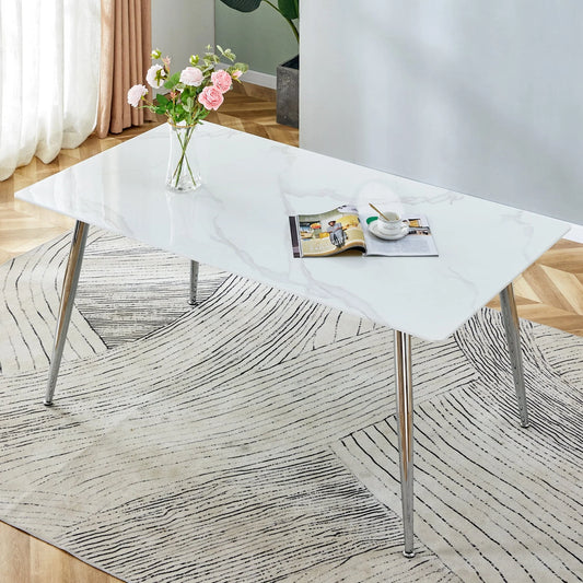 PWOPWOE Modern Minimalist Rectangular Glass Dining Table with 0.4 "White Imitation Marble Glass Sticker Desktop And Silver Metal Legs, suitable for Kitchens, Restaurants, And Living Rooms63"*35.4"*30"