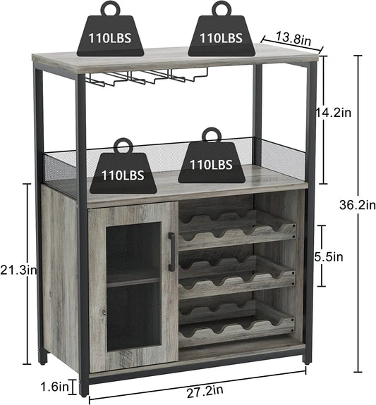 Wine Bar Cabinet, Liquor Storage Cabinet with Detachable Wine Rack, Small Coffee Bar with Glass Holder & Mesh Door, Buffet Sideboard for Dining Room, Kitchen, Living Room, Grey