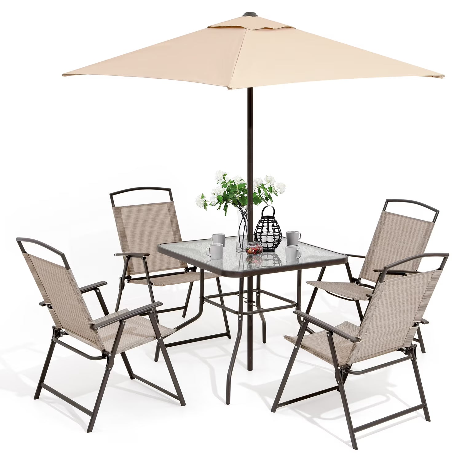 Pellebant 6 Pcs Metal & Glass Patio Dinning Set and Umbrella in Beige