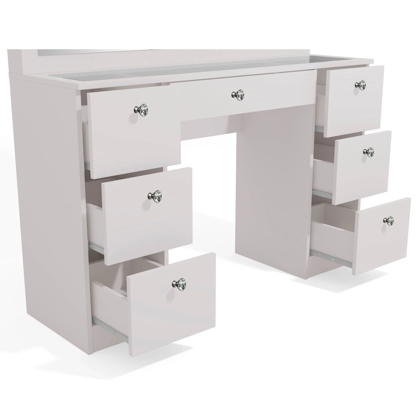 Ibbie Modern Vanity Table 7 Drawers Lights Mirror Crystal Knobs Glass Top White Painted for Bedroom