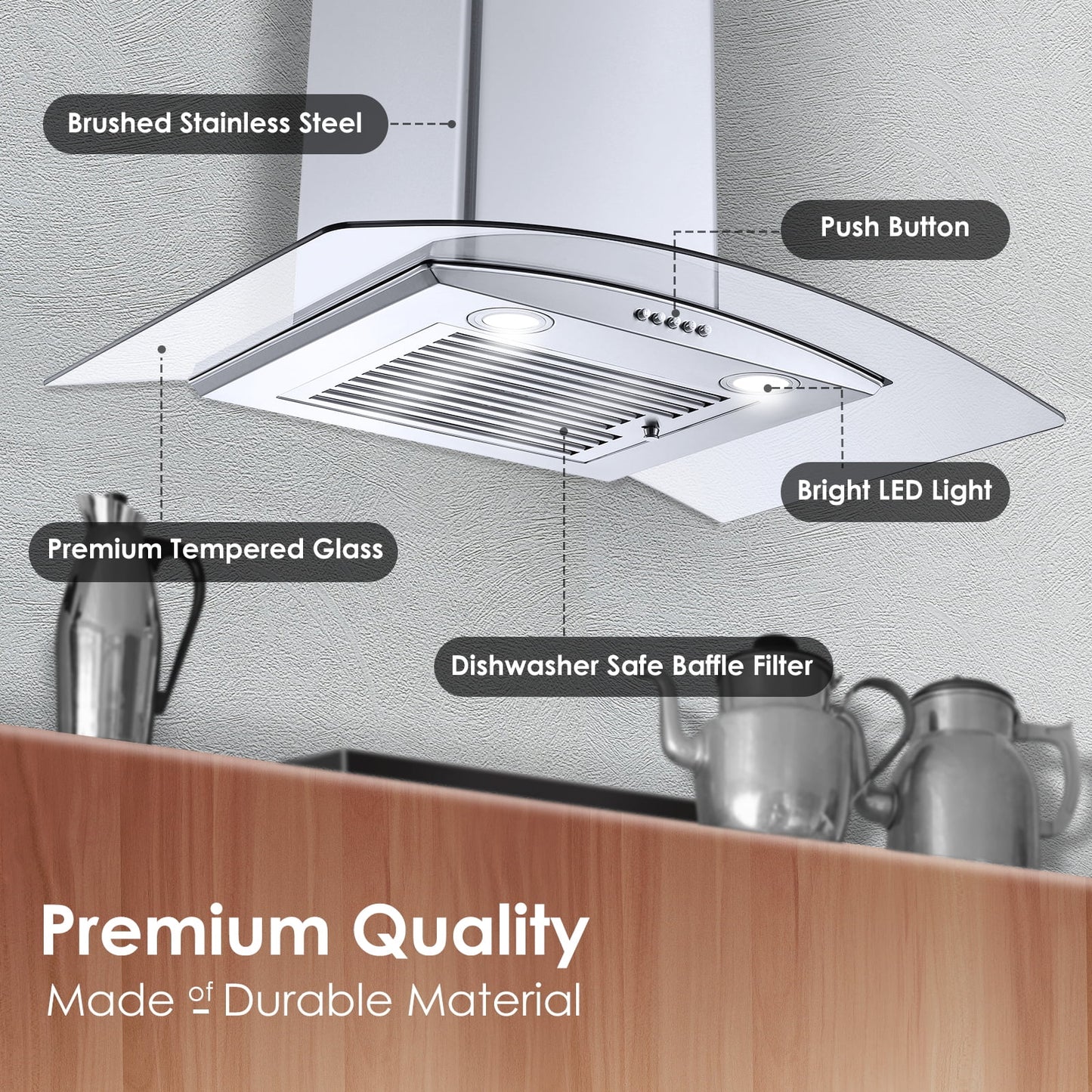 30 inch 450CFM Wall Mount Range Hood Tempered Glass 3-Speed Fan Button Control Baffle Filters