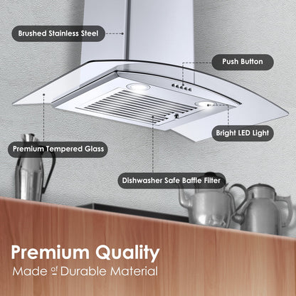 30 inch 450CFM Wall Mount Range Hood Tempered Glass 3-Speed Fan Button Control Baffle Filters