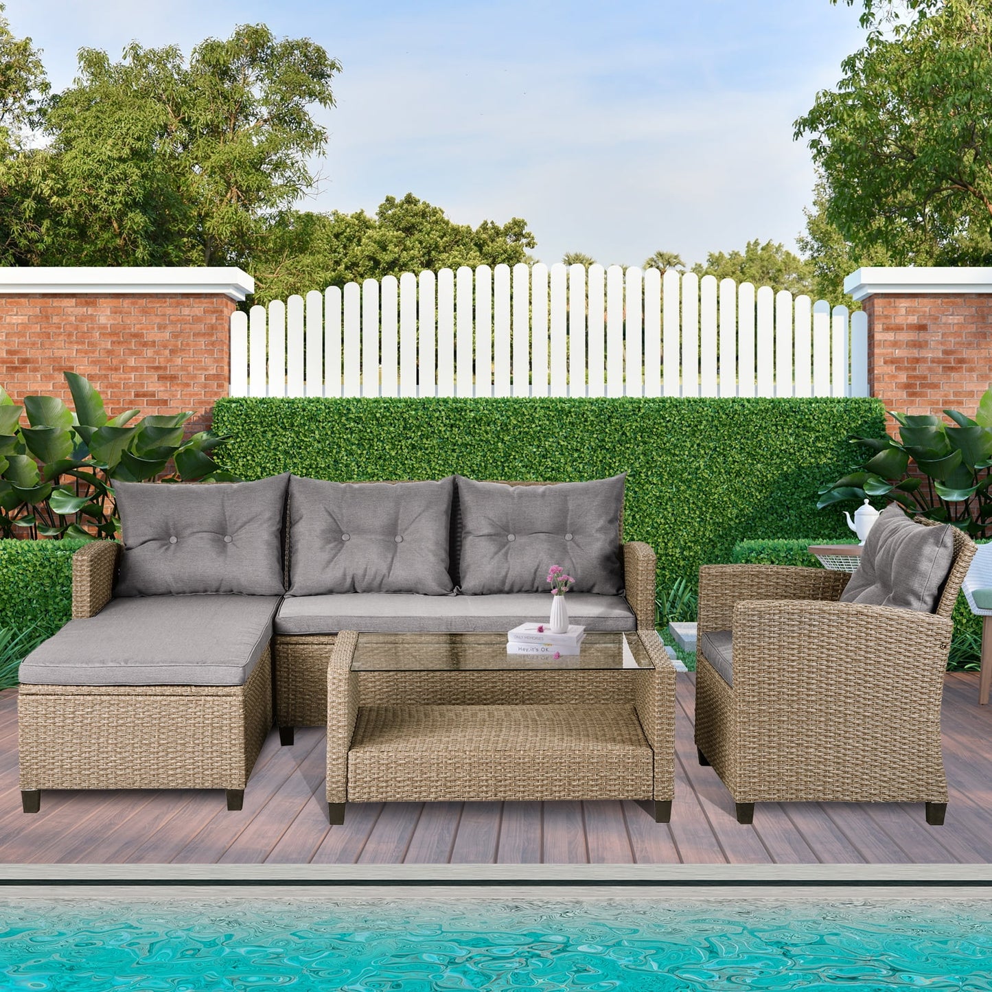 Rattan Patio Sofa Set, 4 Pieces Outdoor Sectional Furniture, All-Weather PE Rattan Wicker Patio Conversation, Cushioned Sofa Set with Glass Table for Patio Garden Poolside Deck