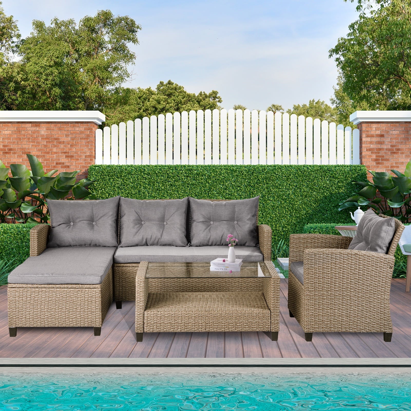 Rattan Patio Sofa Set, 4 Pieces Outdoor Sectional Furniture, All-Weather PE Rattan Wicker Patio Conversation, Cushioned Sofa Set with Glass Table for Patio Garden Poolside Deck