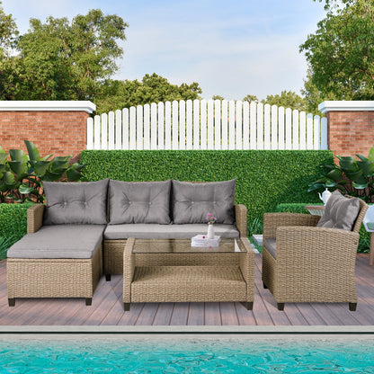 Rattan Patio Sofa Set, 4 Pieces Outdoor Sectional Furniture, All-Weather PE Rattan Wicker Patio Conversation, Cushioned Sofa Set with Glass Table for Patio Garden Poolside Deck