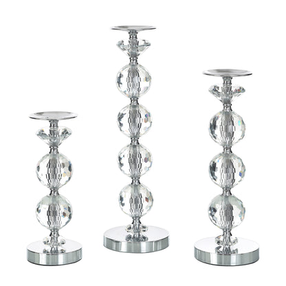 Chrome Finish Crystal Glass Pillar Candleholders, Set of 3