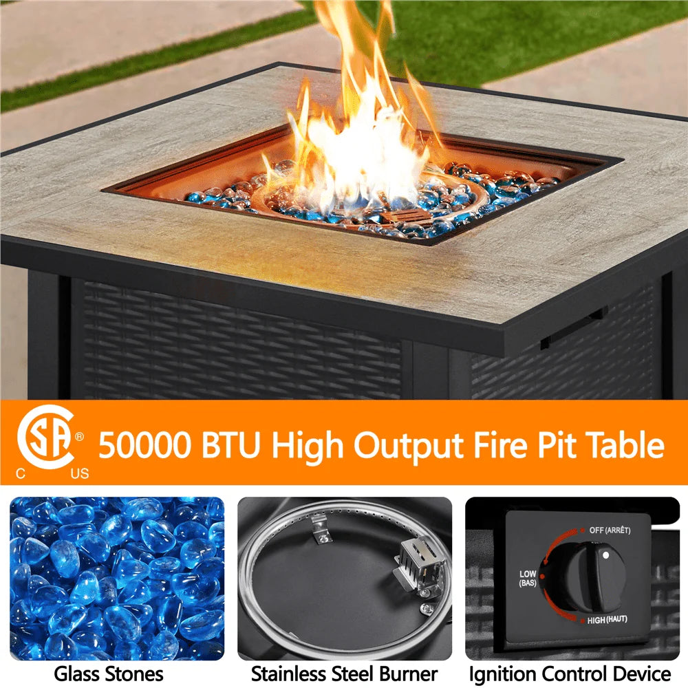 Topeakmart 30'' Outdoor Square Propane Fire Pit Table 50,000 BTU Gas w/Ceramic Rattan Pattern Steel Base Glass Black