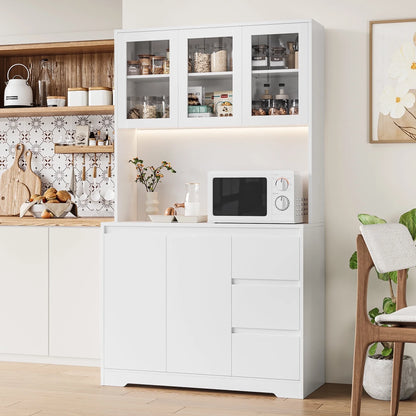 Homfa 70.9'' Kitchen Pantry Cabinet with Charging Station and LED Light, 3 Drawers Buffet Storage Cabinet with Glass Doors and Adjustable Shelves, White