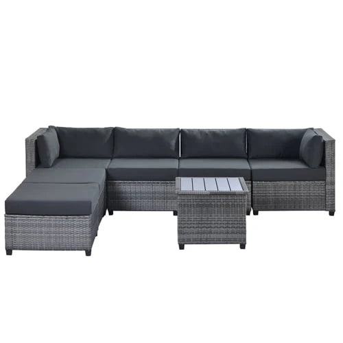Wicker Patio Sofa Sets, 7 Pieces Outdoor Seating Sets, Lounge Sofa and Tempered Glass Coffee Table, Deck Front Garden Furniture Set, Brown Rattan + Beige Cushion