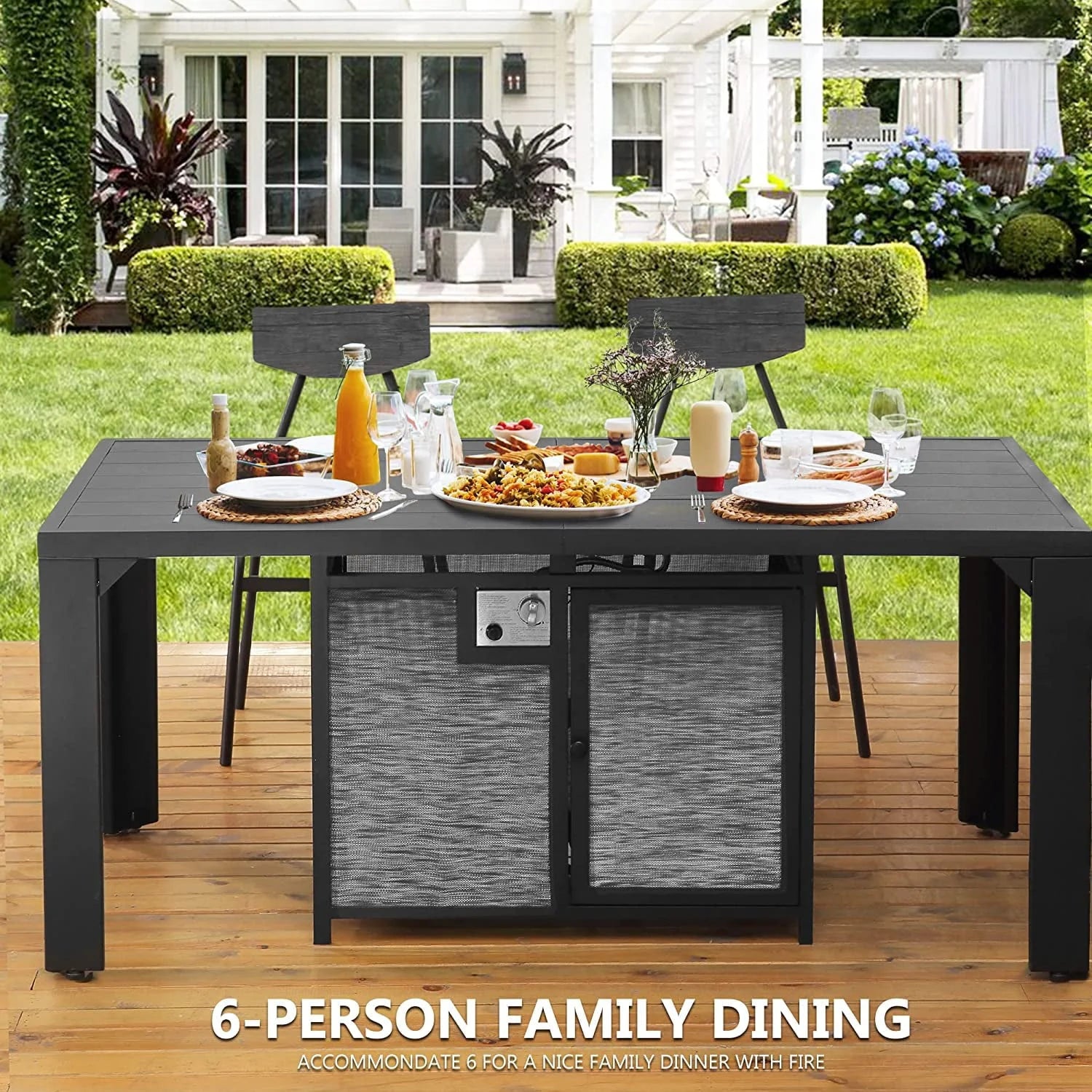 PIZZELLO Outdoor Rectangular Patio Fire Dining Table 62.5" for 6 with Fire Glass Bead, Black