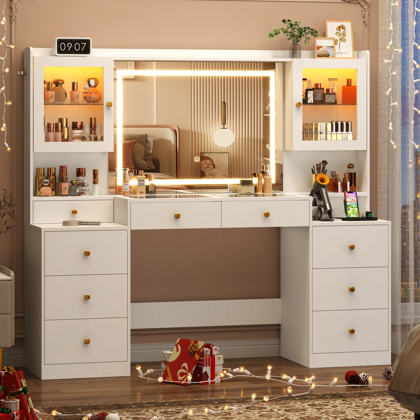 Blotout 62'' Large Vanity Desk w/60000-color LED Lights, Tempered Glass Top, Power Outlet, Makeup Vanity Table w/3 Lights Mode Mirror, 9 Drawers, 2 RGB Cabinets, LED Dressing Table for Girls, Women