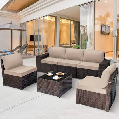 Grezone 6 Pieces Patio Outdoor Furniture Sets All Weather Wicker Sectional Sofa Couch Lawn Sectional Furniture with Washable Couch Cushions and Black glass Wicker Table (Cream)