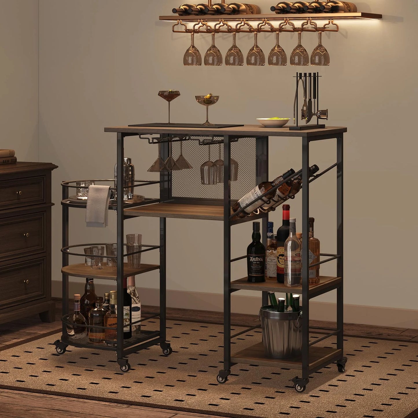 Bar Cart, Home Bar Service Cart with Wine Rack and Glass Holder, Kitchen Cart with Rolling Wheels, Metal Bar Rack with 7 Tiers Storage for Home, Kitchen, Living Room, Dining Room (Brown)