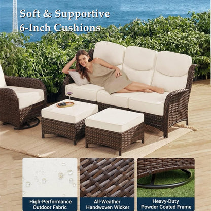 Bellefurn Luxury Outdoor Patio Furniture Set,Swivel Rocker Patio Chairs with 6-inch Thick Cushion,Patio Sofa and Glass Coffee Table,Outdoor Conversation Set for Porch, Deck, Yard