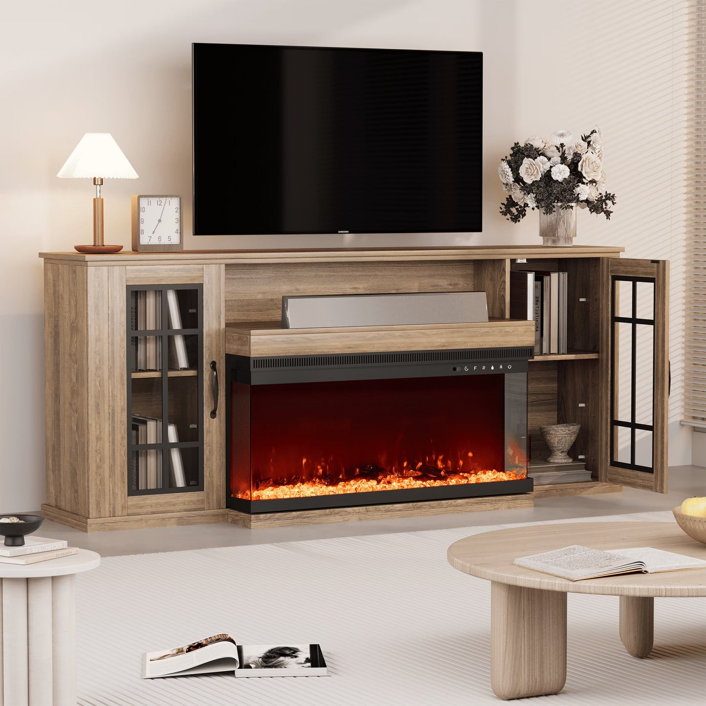 MELLCOM 70" 3 Sided Glass Fireplace TV Stand, Modern Media Console with Storage Side Cabinet, Fits TVs up to 80", Electric Fireplace TV StandWalnut Color