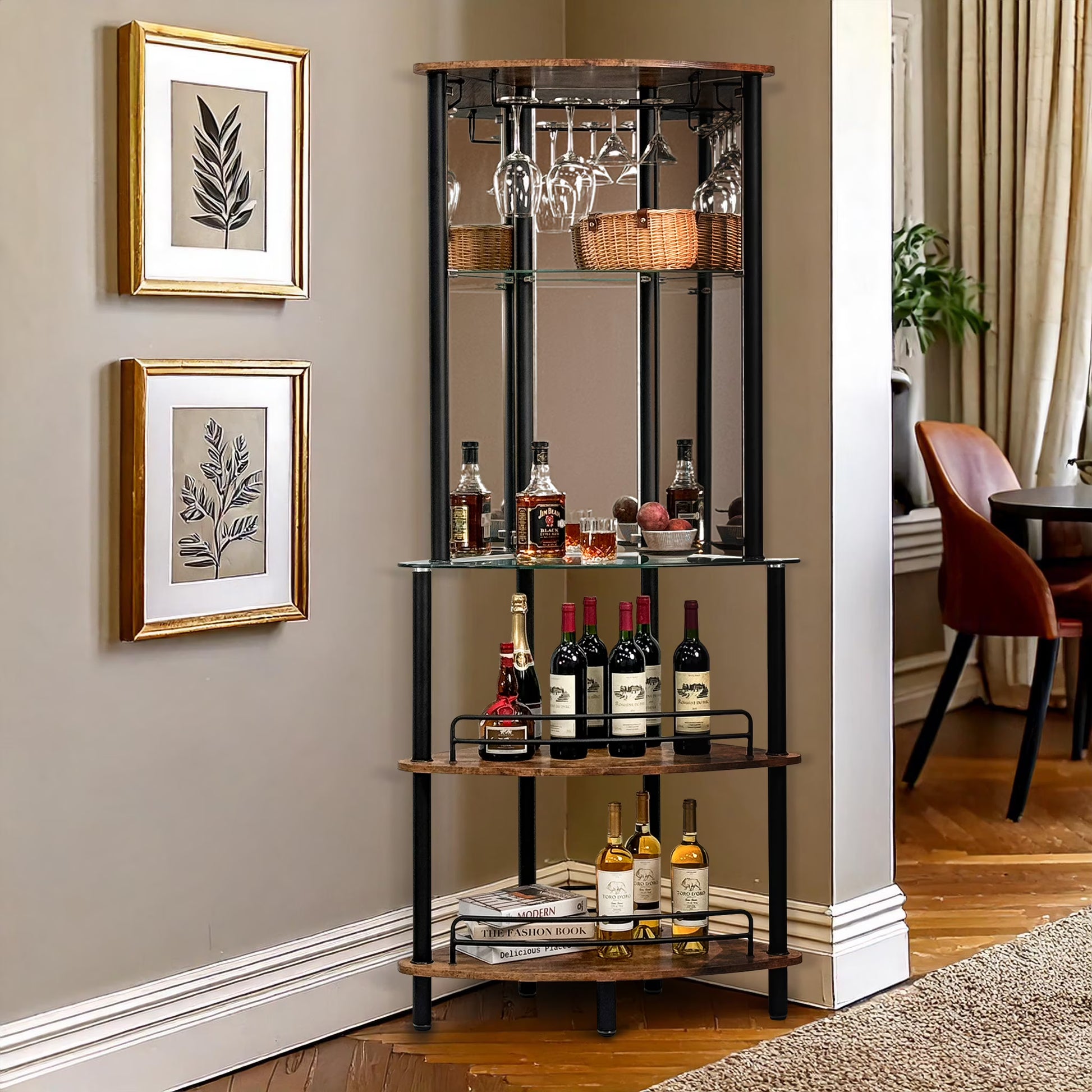 Mango Steam Contemporary Home Bar Liquor Table | Modern Clear Tempered Glass Shelves | 41" H x 47" L x 13.6" D