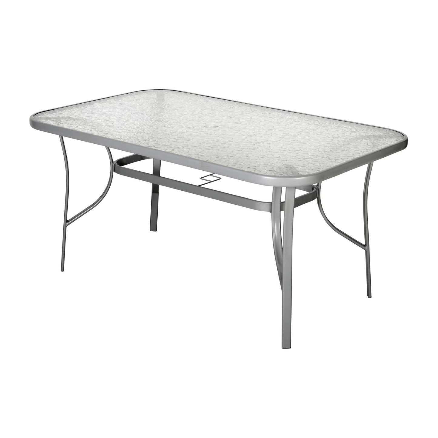Emma + Oliver Rectangular Tempered Glass Top Patio Table with Umbrella Hole and Black Steel Tube Frame