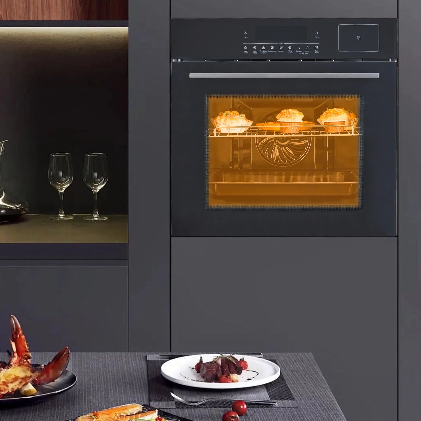 24" Electric Wall Ovens with 8 Baking Modes 2.5Cu.ft Built-in Electric Ovens with Air Frying Function 3000W Touch Control Double-Layered Glass Door Silver