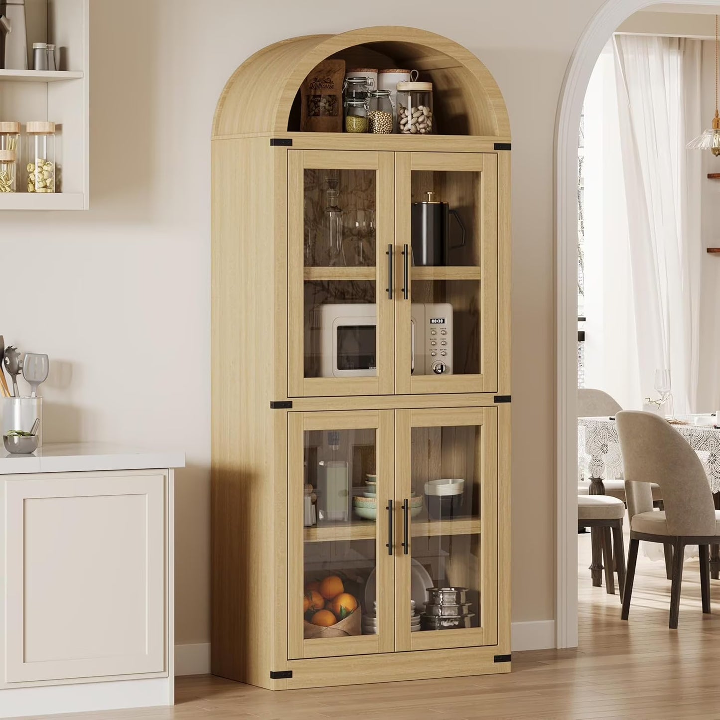 NEILA Arched Bookshelf with Doors - Glass Doors - 15.83 inches deep by 71.4 inches tall rustic ambiance premium wood display cabinet for living room, kitchen and office,Glass Door_Black