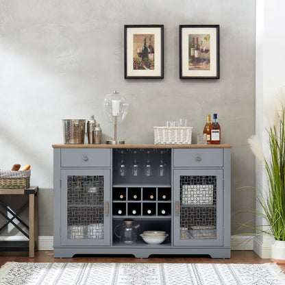 Tcbosik Farmhouse Buffet Cabinet, 56.4" Sideboard Cabinet w/2 Drawers and 2 Glass Doors, Coffee Bar Cabinet with Glass Cup Holder and 8-Slot Wine Rack for Dining Room Living Room, Light Blue