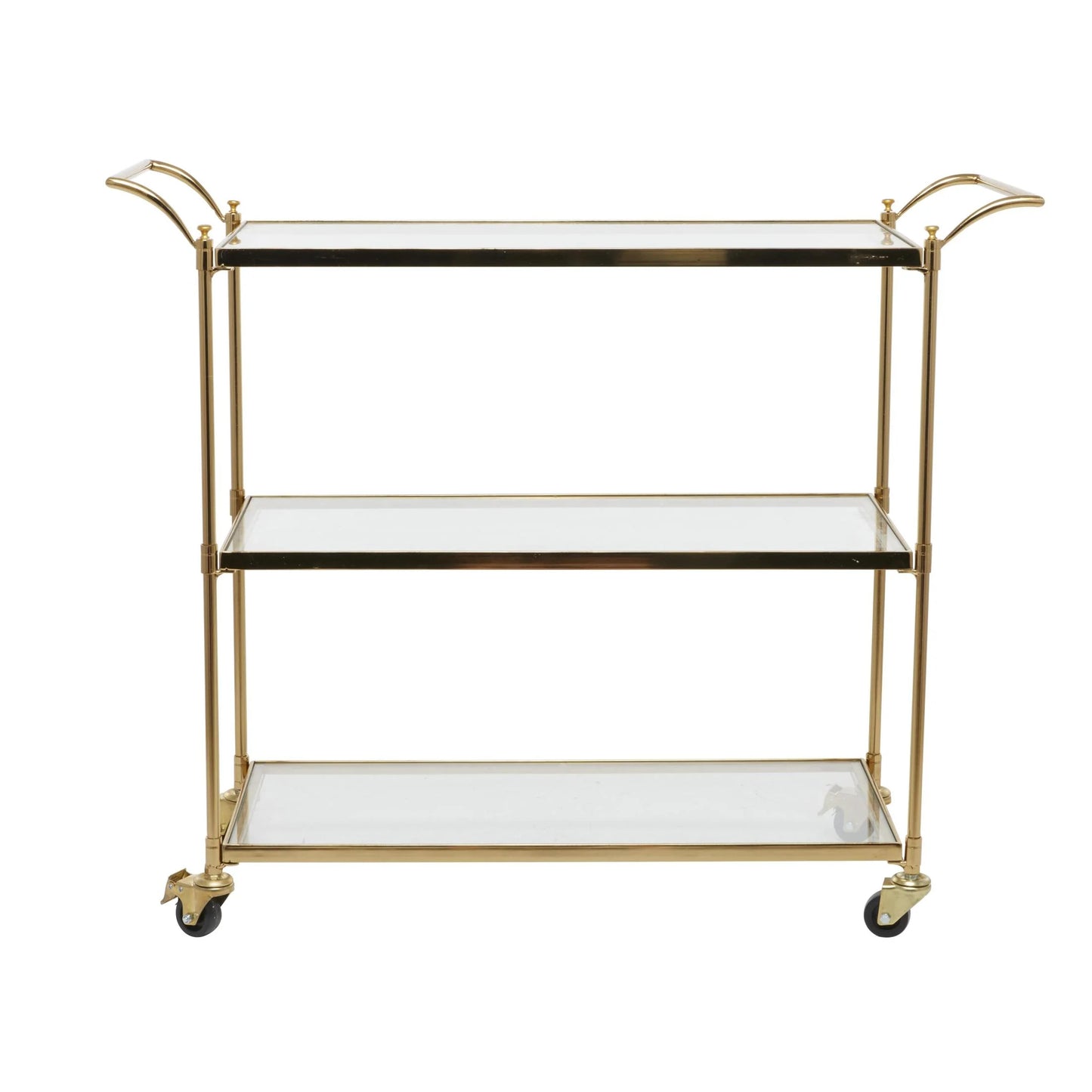 DecMode Traditional 3 Tier Gold Metal Bar Cart with Transparent Glass Shelves, 38"W x 31"H