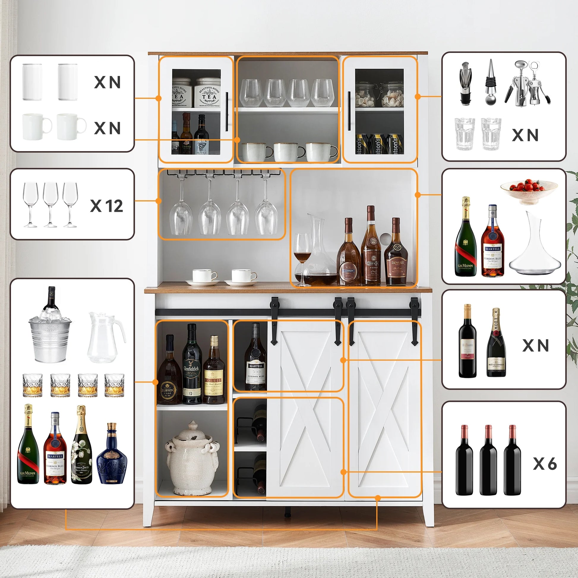 Farmhouse Bar Cabinet with Storage, Kitchen Buffet Cabinet with Sliding Barn Door and 3 Drawers, Coffee Bar with Wine and Glass Rack for Kitchen, Dining Room, White