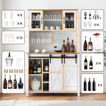 Farmhouse Bar Cabinet with Storage, Kitchen Buffet Cabinet with Sliding Barn Door and 3 Drawers, Coffee Bar with Wine and Glass Rack for Kitchen, Dining Room, White