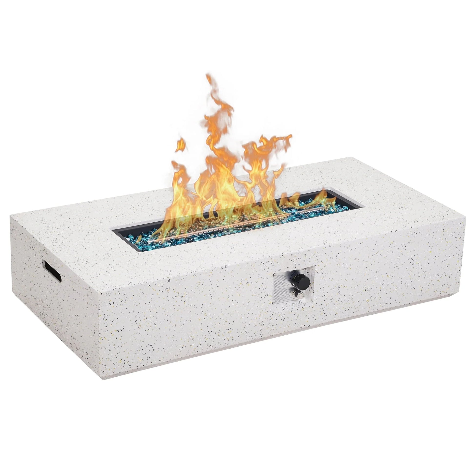 ESSENTIAL LOUNGER 56 inch Concrete Propane Fire Pit Table, 50,000 BTU Outdoor Firepit Rectangular Table for Garden& Patio, with Propane Tank Metal Stand, Fire Glass Beads and Waterproof Cover, White