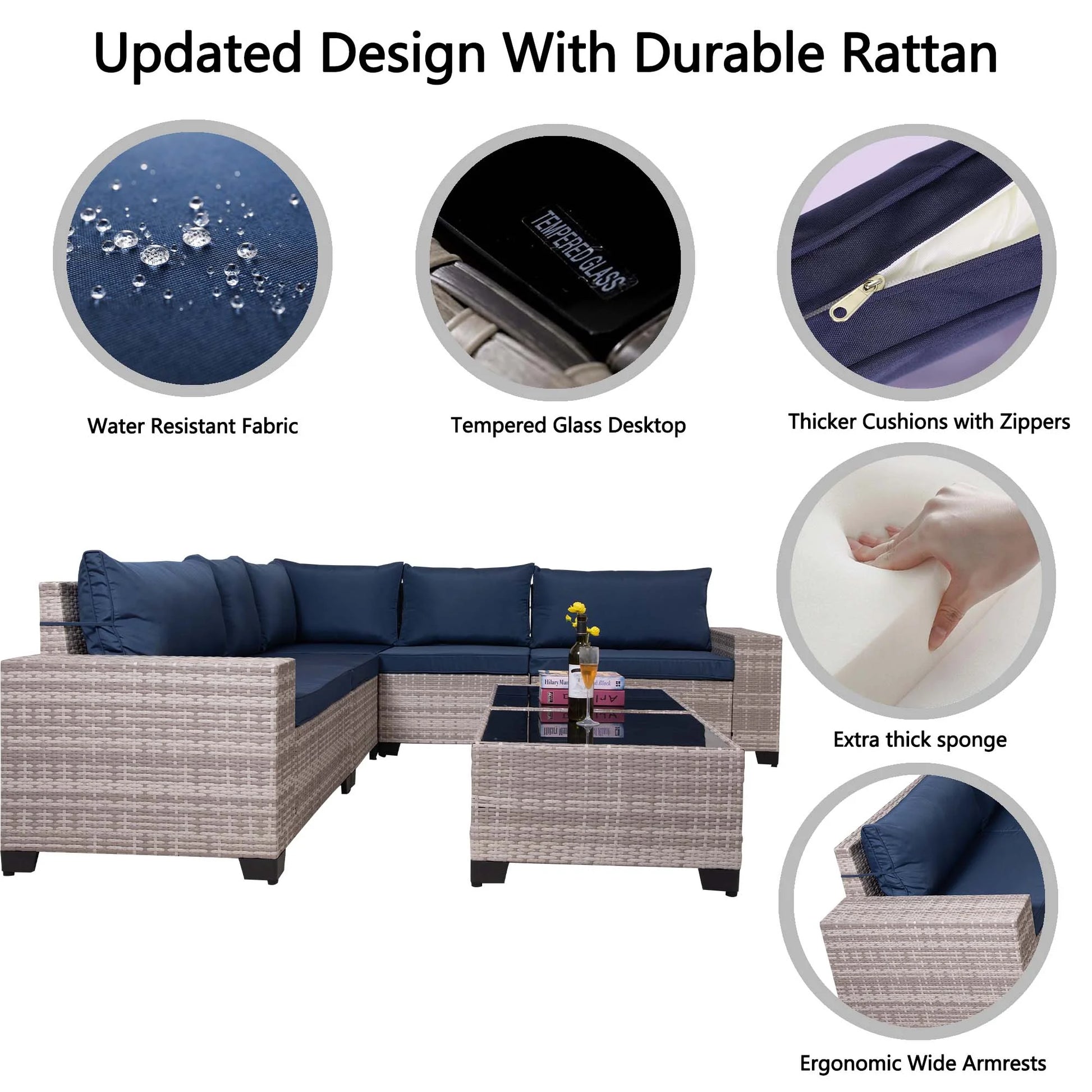 HISUKOY 7-Piece Modular Outdoor Sectional Wicker Patio Conversation Set,Outdoor Couch,All Weather Patio Conversation Sets with Washable Cushions and Glass Table, Rattan Wicker Couch for Garden