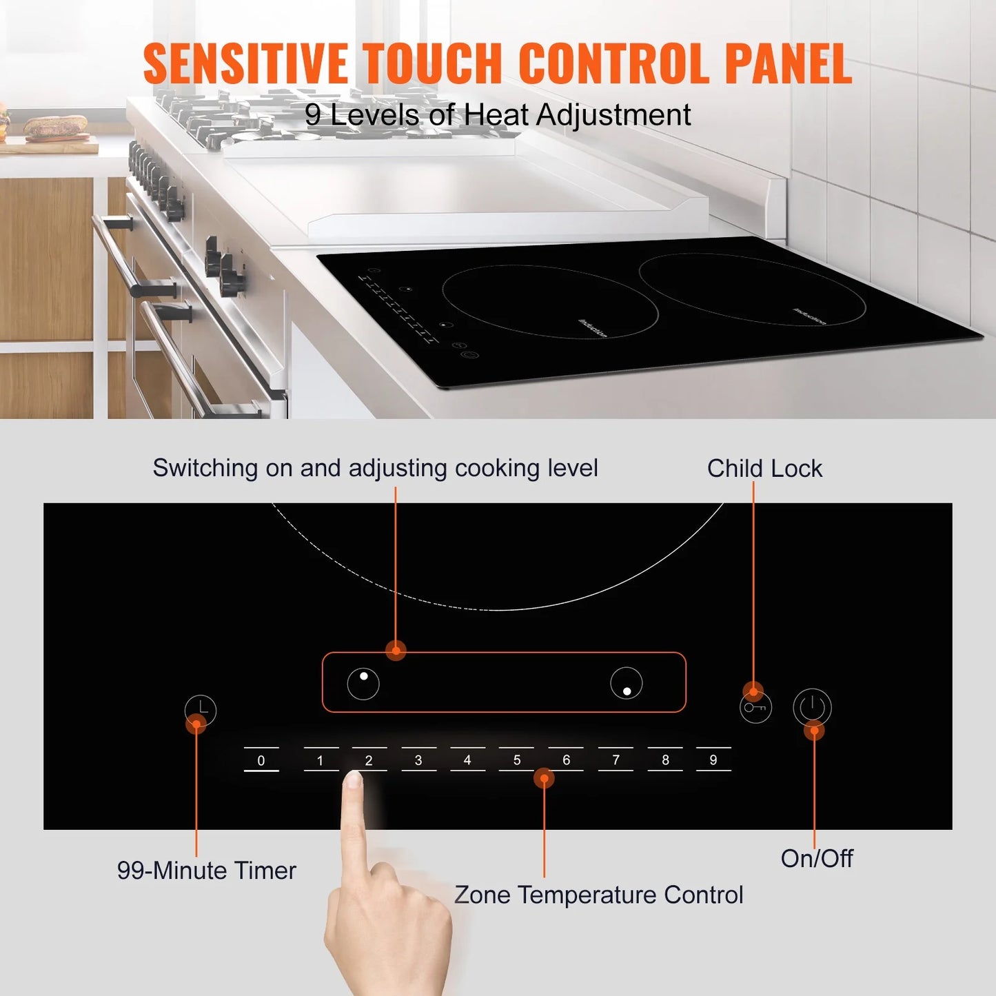 KFFKFF 12" Electric Cooktop, 1800W 2 Burners Ceramic Glass Stove Top Touch Control Built-in Magnetic Cooktop w/9 Heating Level Child Lock & Over-Temperature Protection