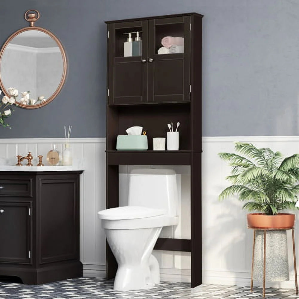 VINGLI Brown Over The Toilet Storage Cabinet, Adjustable Shelf, Double Acrylic Glass Doors