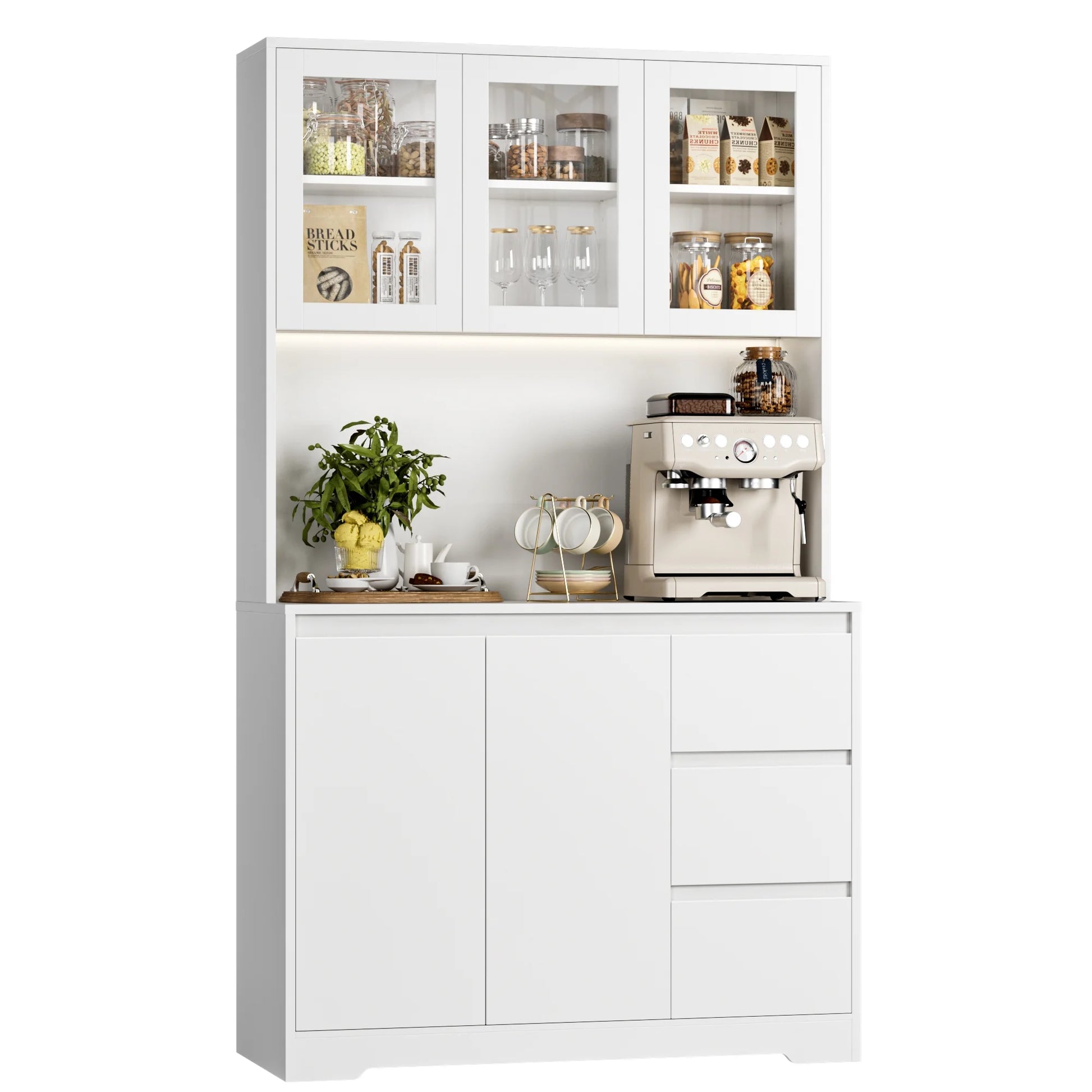 Homfa 70.9'' Kitchen Pantry Cabinet with Charging Station and LED Light, 3 Drawers Buffet Storage Cabinet with Glass Doors and Adjustable Shelves, White