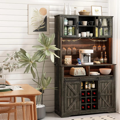 72" Farmhosue Coffee Bar Cabinet with Storage, Tall Kitchen Buffet with Hutch & Wine & Glasses Rack, Sliding Barn Door, Charging Station, RGB Lighting, 12 Storage Shelves, Sideboard Table