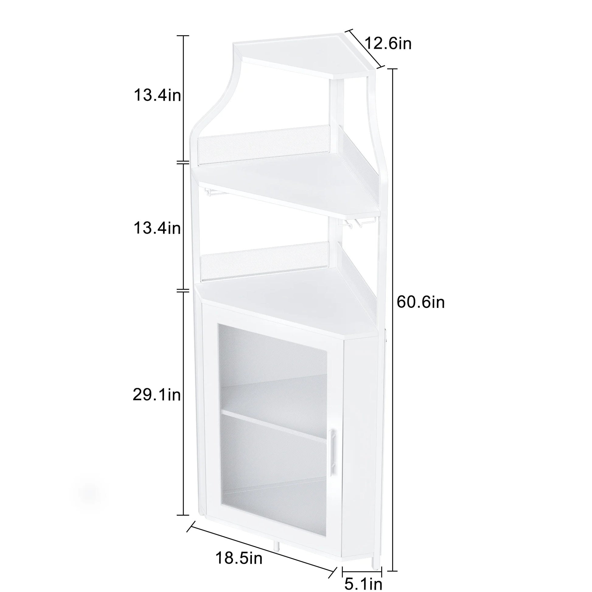 Joyspirit Farmhouse Corner Wine Cabinet, Rustic White Liquor and Coffee Bar Cabinet with Removable Wine Rack, Glass Holder, Mesh Door, and Adjustable Shelves.