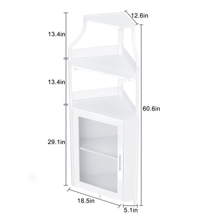 Joyspirit Farmhouse Corner Wine Cabinet, Rustic White Liquor and Coffee Bar Cabinet with Removable Wine Rack, Glass Holder, Mesh Door, and Adjustable Shelves.