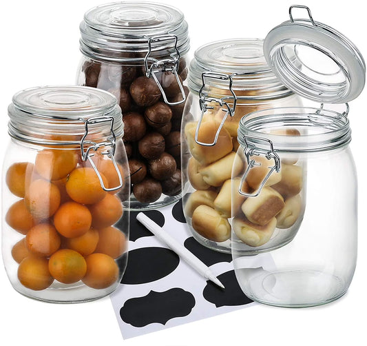 4 Pack Wide Mouth Mason Jars - 34 OZ Airtight Glass Canning Jars with Leak Proof Rubber Gasket and Clip Top Lids, Perfect for Storing Coffee, Sugar, Flour or Sweets