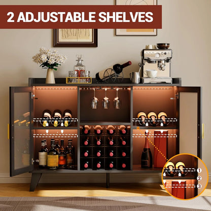Farmhouse Wine Bar Cabinet with LED Lights, Home Coffee Bar Cabinet with Wine Racks and Glass Holders, Modern Buffet Sideboard with Acrylic Doors and Drawer for Dining Room, Bar, Living Room, Black