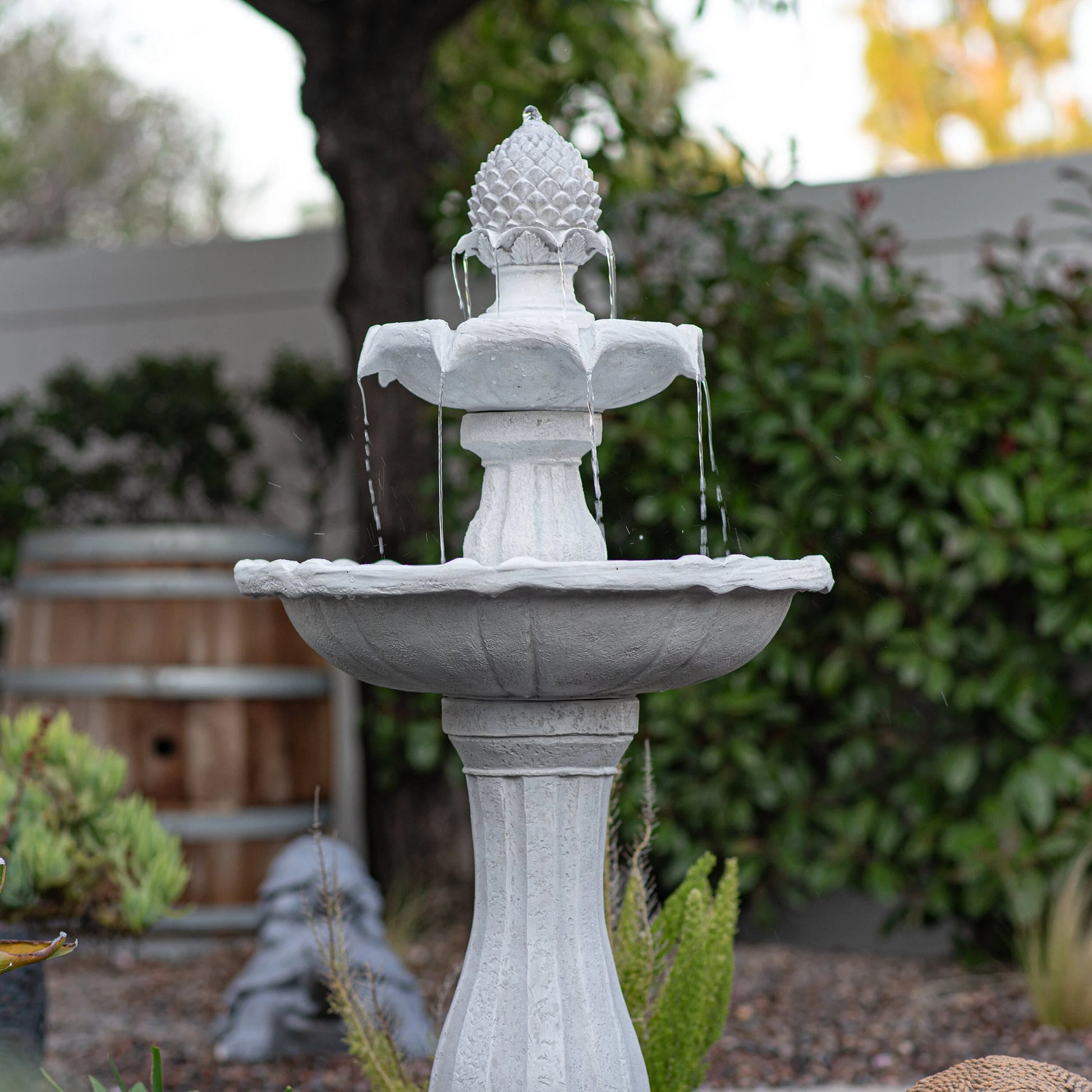 XBrand 44" H White Fiberglass/Resin 2-Tier Solar Water Fountain w/Solar Panel and Auto-Shut Off Pump, Solar Garden Fountain, Tall Outdoor Fountain, Two Tiered Birdbath Fountain