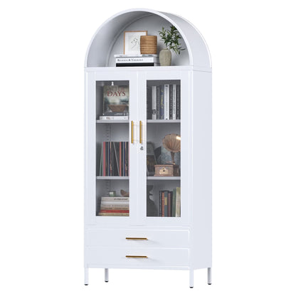 SUPEER Metal Arched Storage Display Cabinet with Glass Doors and Adjustable Shelves, Lockable Cabinet, Assembly Required, Black