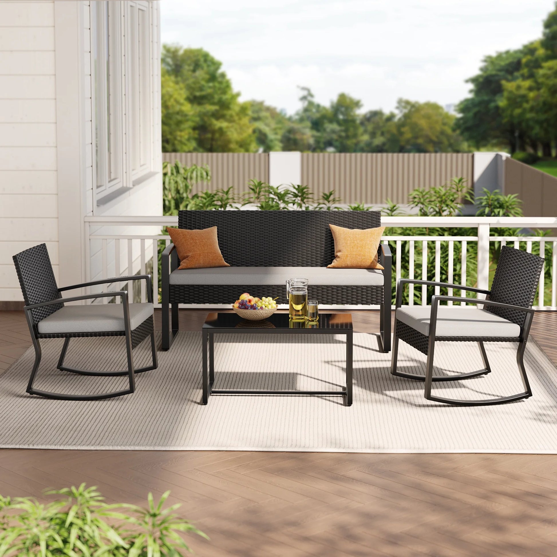 Patio Furniture Set for 4,Lofka 4 Pieces Patio Comversation Set with Outdoor Rocking Chairs,Rattan Loveseat,Glass Bistro Coffee Table,Removable Cushion for Backyard Balcony Lawn Pool,Gray