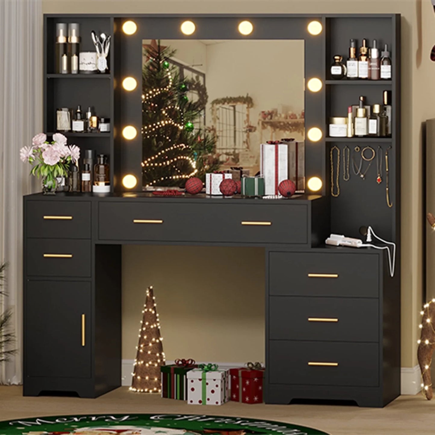 Makeup Vanity Desk with Lighted Mirror & Charging Stations & 6 Drawers Large Vanity Table Bedroom Dressing Table with Glass Tabletop& Side Cabinet& Glass Tabletop, Black