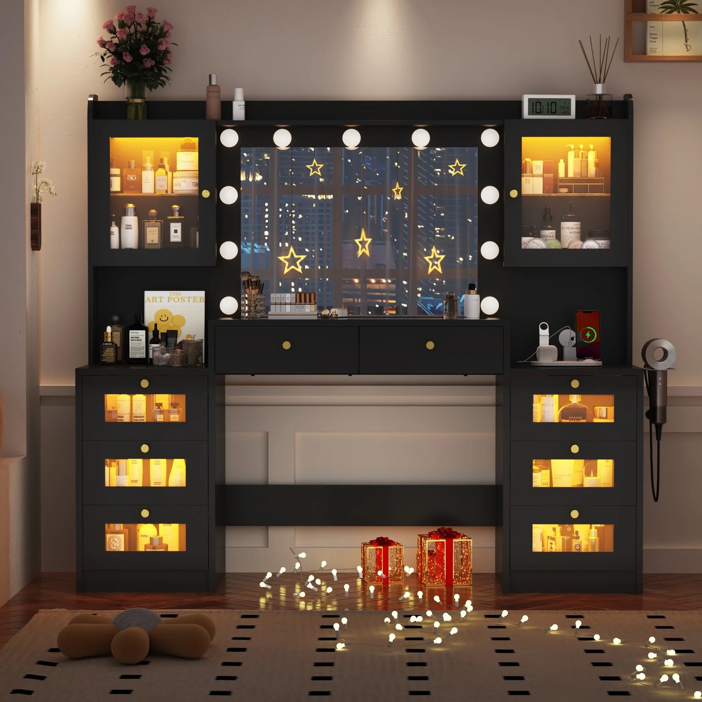 Blotout 62'' Large Vanity Desk with 2 RGB Glass Cabinets, Power Outlet, Glass Top, 11 LED Bulbs, 6 Translucent Drawers, 3 Lights Mode LED Mirror, Bedroom Makeup Vanity for Women, Girls