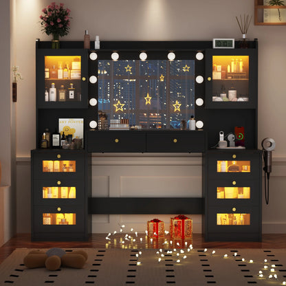 Blotout 62'' Large Vanity Desk with 2 RGB Glass Cabinets, Power Outlet, Glass Top, 11 LED Bulbs, 6 Translucent Drawers, 3 Lights Mode LED Mirror, Bedroom Makeup Vanity for Women, Girls