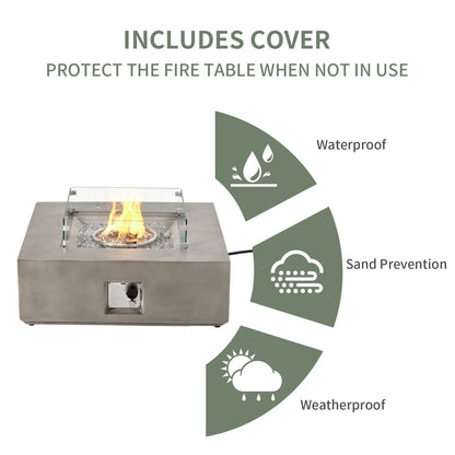 COSIEST 35" Square Concrete Fire Pit Table with Fire Glass & Wind Guard