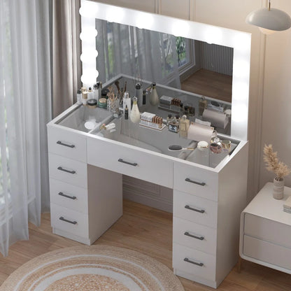 Ktaxon Large Makeup Vanity, Vanity Table Set w/Visible Glass Top w/Charging Station, White