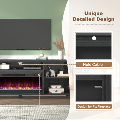 Fireplace TV Stand for 60 inch TV, Modern Entertainment Center With Glass Fireplace, Electric Fireplace TV Cabinet for Living Room, with Remote Control Fireplace, Black