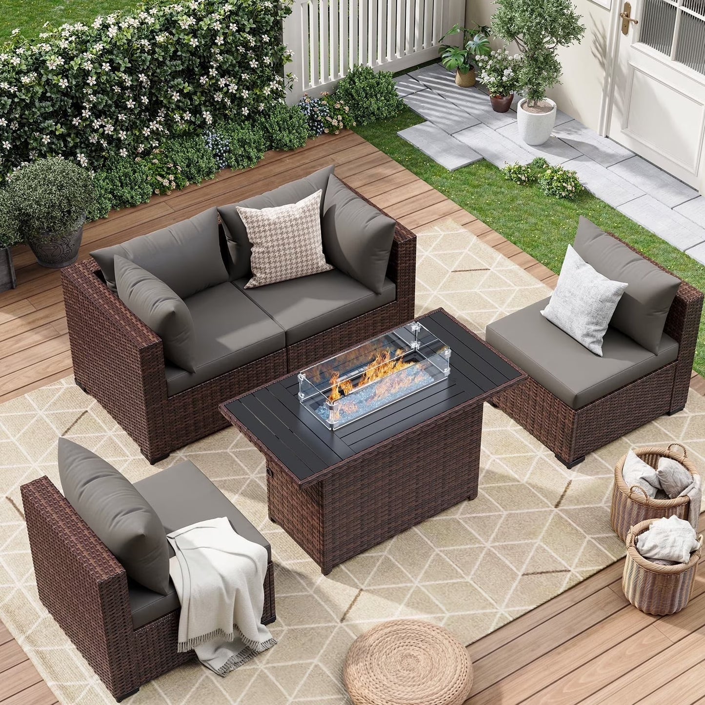 ELPOSUN 7 Pieces Patio Furniture Set All Weather Outdoor Sectional Sofa, Outdoor Modern Sectional Furniture Wicker Couch with Glass Coffee Table, Thicken Red Cushions, Water Resistant