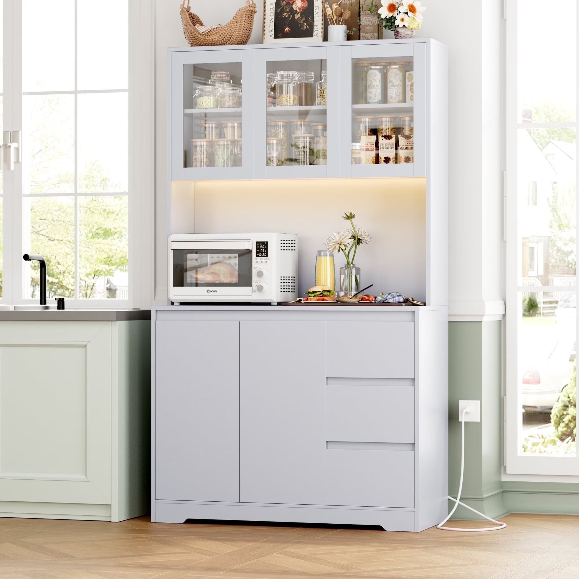 Homfa 70.9'' Kitchen Pantry Cabinet with Charging Station and LED Light, 3 Drawers Buffet Storage Cabinet with Glass Doors and Adjustable Shelves, White
